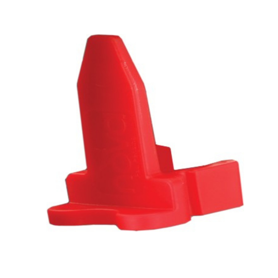 The Nova Medical Lock-N-Load is a small, bright red, plastic accessory with an upright, rounded triangular shape and flat base that holds Nova rollators closed, adding style and personalization.